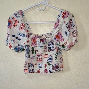 Monteau White Smocked Crop Top with Red, Blue & Pink Accents